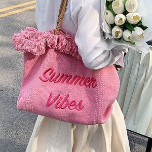 Pink Vacation Women's Large Capacity Letter & Tassel Canvas Tote Bag